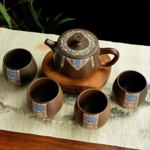 Jin Xiu Hong Tu Ningxia Pottery Tea Set: Teapot with 6 Cups (Customizable)