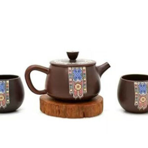 Jin Xiu Hong Tu Ningxia Pottery Tea Set: Teapot with 2 Cups (Customizable)