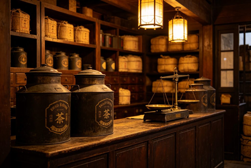 Interior of an old Chinese tea shop with large canisters, shelves and a balance scale
