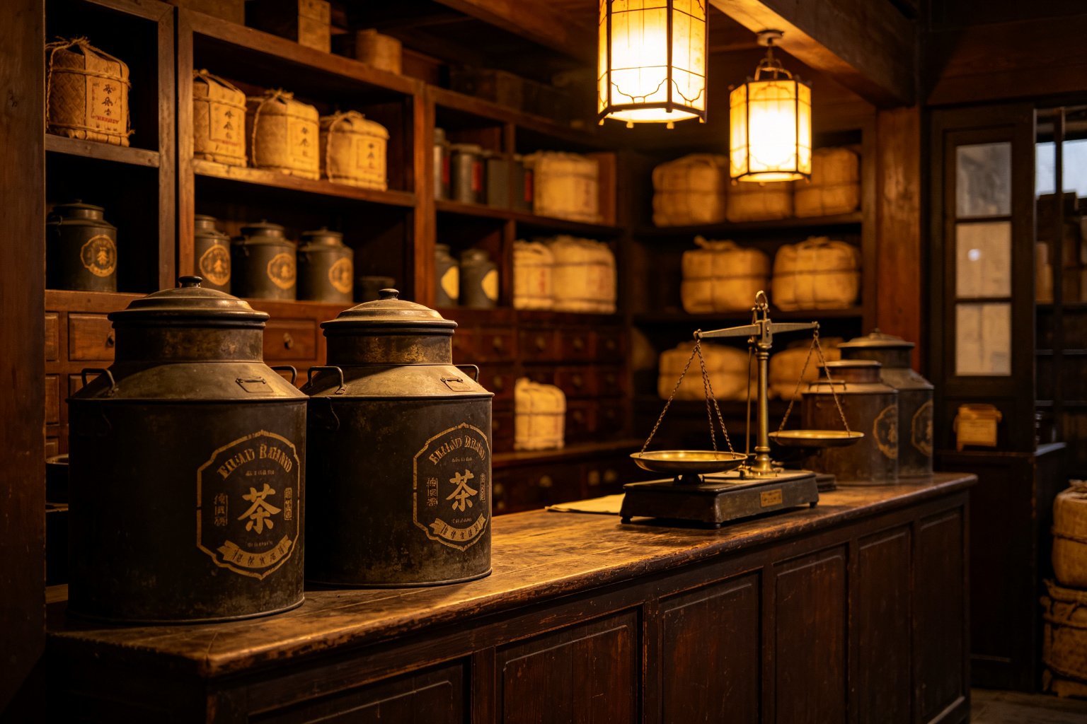 Interior of an old Chinese tea shop with large canisters, shelves and a balance scale