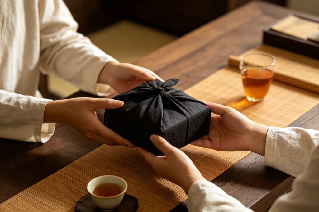 Hands presenting a cloth-wrapped Liubao tea gift in an Eastern tea etiquette setting