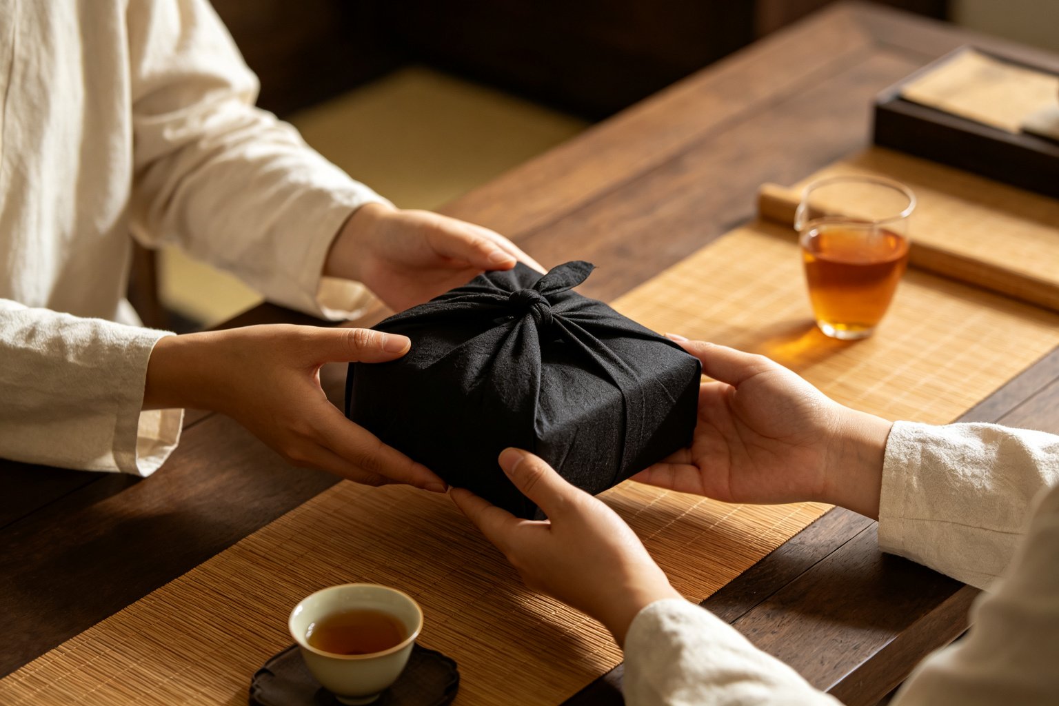 Hands presenting a cloth-wrapped Liubao tea gift in an Eastern tea etiquette setting