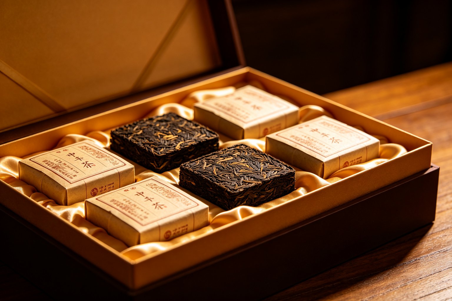 Wooden gift box filled with assorted compressed Liubao tea cakes and bricks