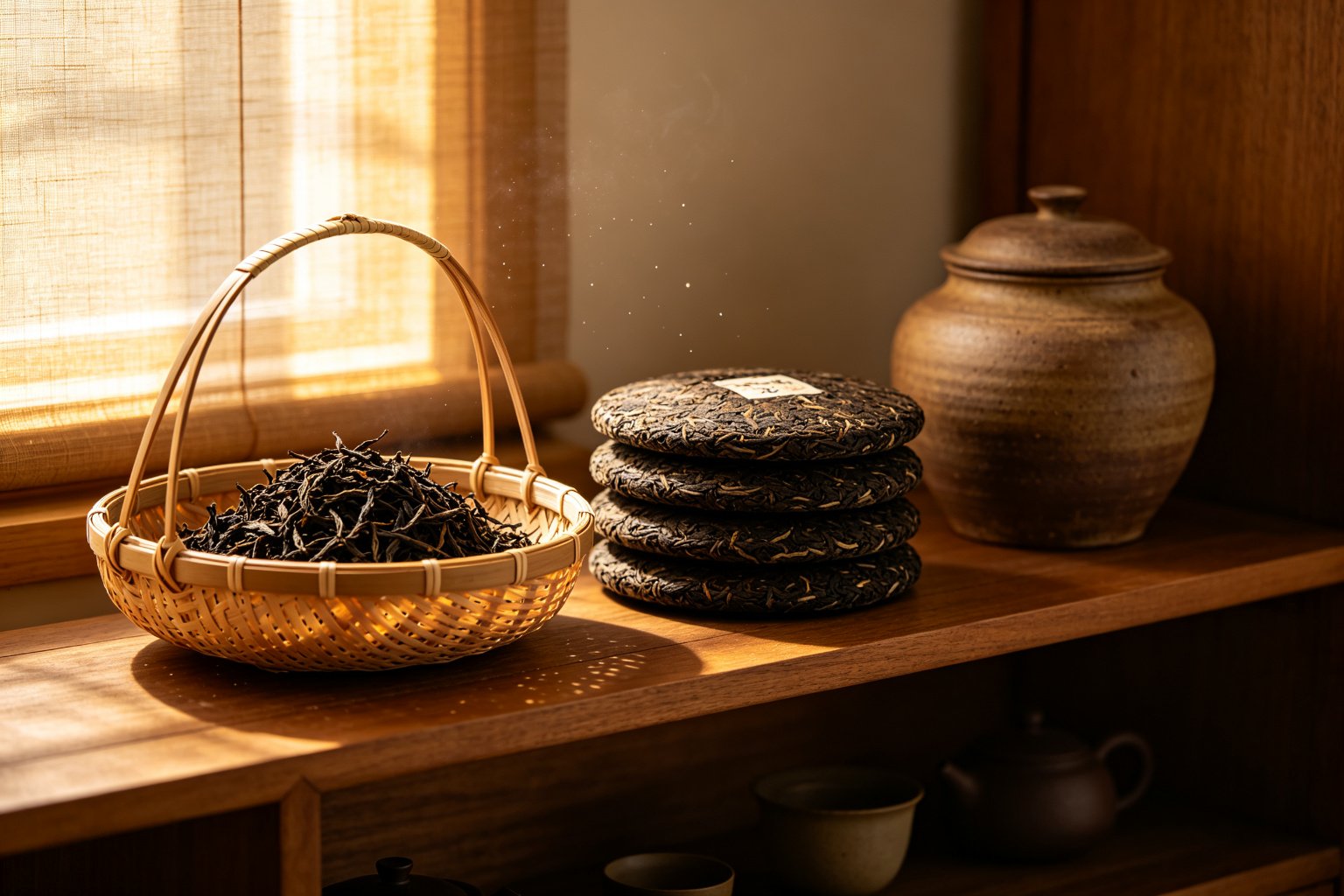 Woven bamboo basket of Liubao tea with stacked tea cakes and a clay jar aging on a wooden shelf at home