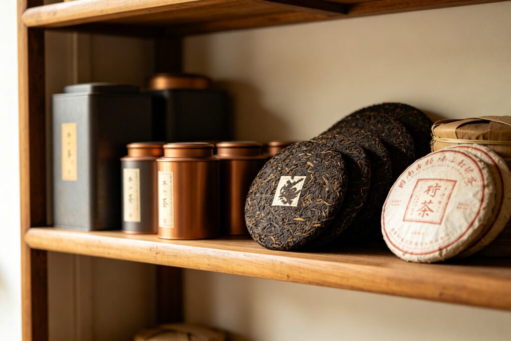 Home tea storage shelf holding aged tea cakes and canisters