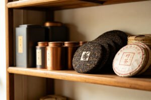 Home tea storage shelf holding aged tea cakes and canisters