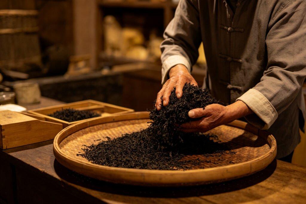 Tea artisan working leaves on a bamboo tray during traditional processing