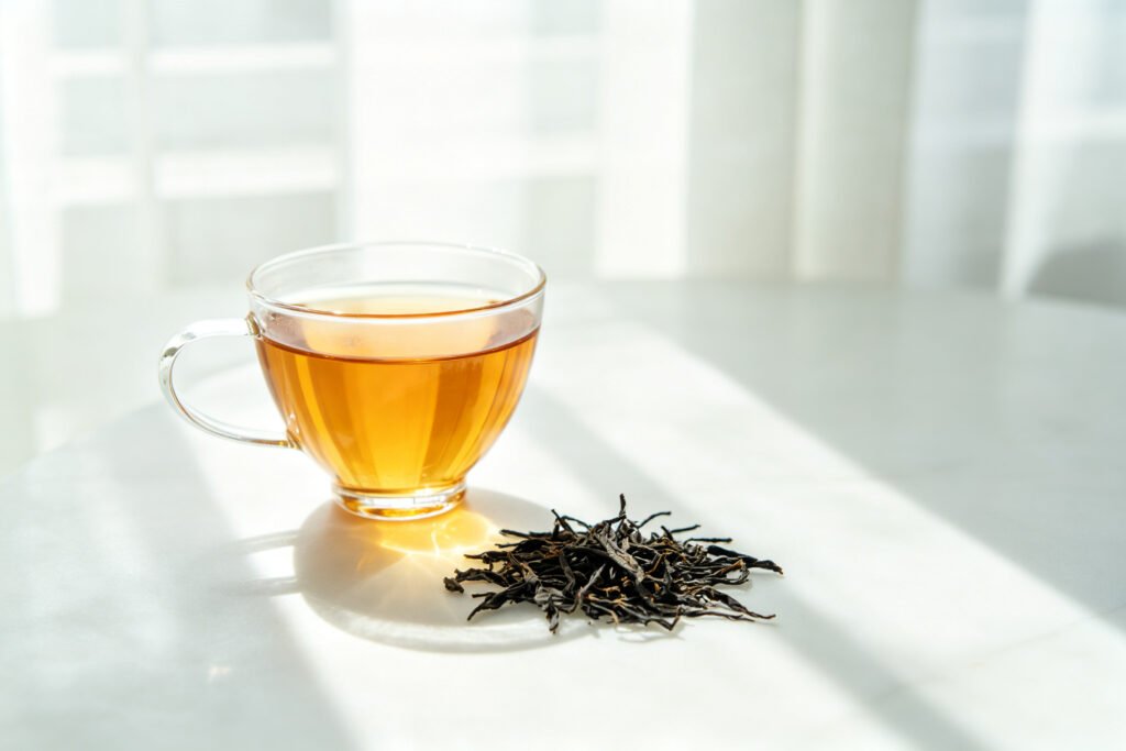 Light amber cup of Liubao tea with loose leaves on a sunlit table for everyday drinking
