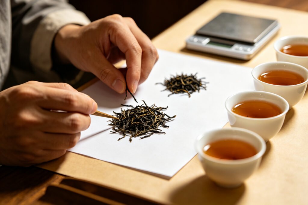 Tea evaluator inspecting dry leaves with tweezers, a scale and tasting cups
