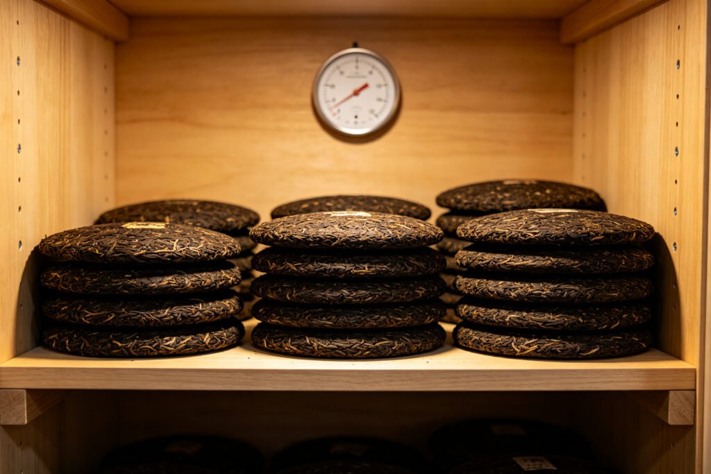 Tea cakes stored on wooden shelves with a temperature and humidity gauge