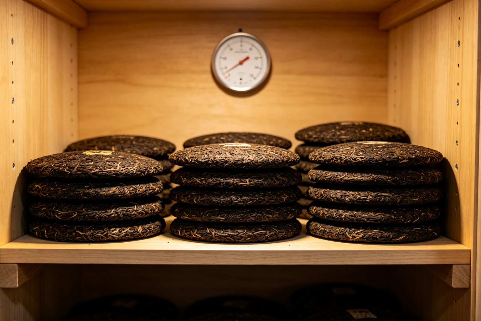 Tea cakes stored on wooden shelves with a temperature and humidity gauge