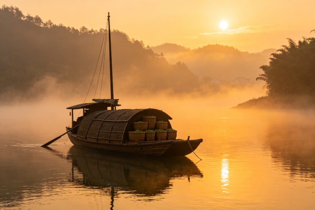 Traditional wooden tea boat loaded with baskets on a river at golden sunset