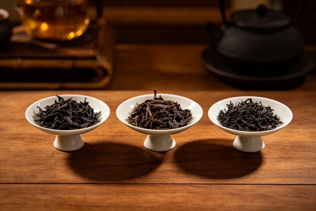 Three gaiwans holding different dark teas for a comparison tasting