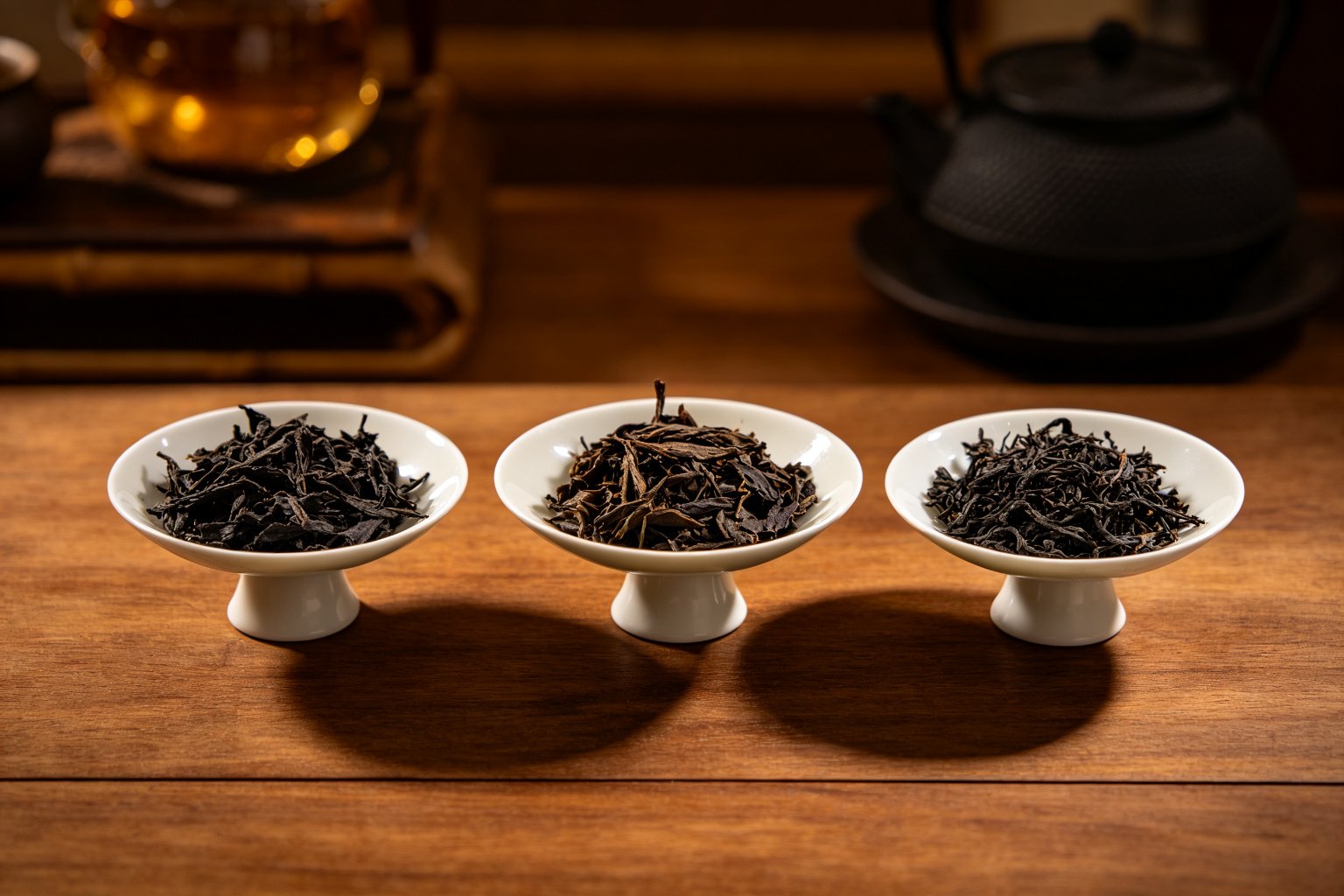 Three gaiwans holding different dark teas for a comparison tasting