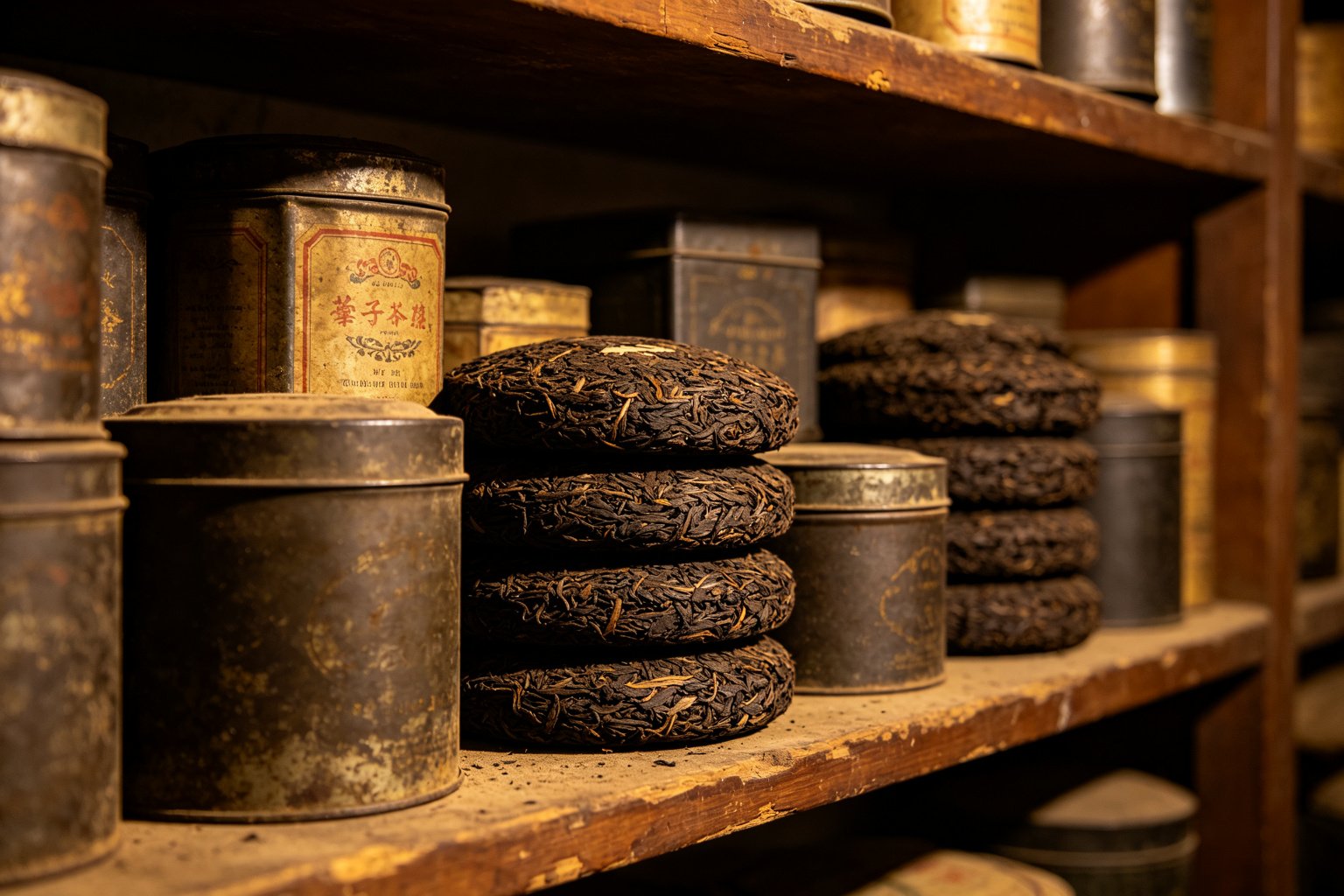 Aged tea cakes stacked with vintage canisters on a wooden shelf